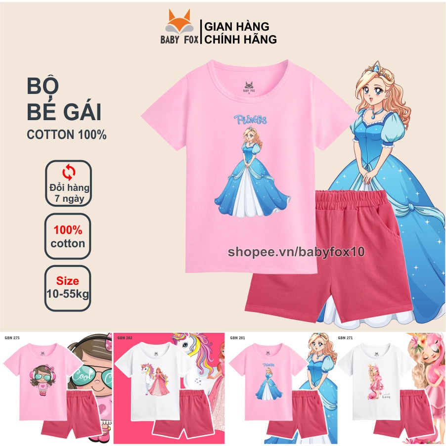 Bộ thun bé gái 100% cotton loại tốt, thương hiệu BABY FOX, in hình công chúa, size nhỏ, trung, đại e