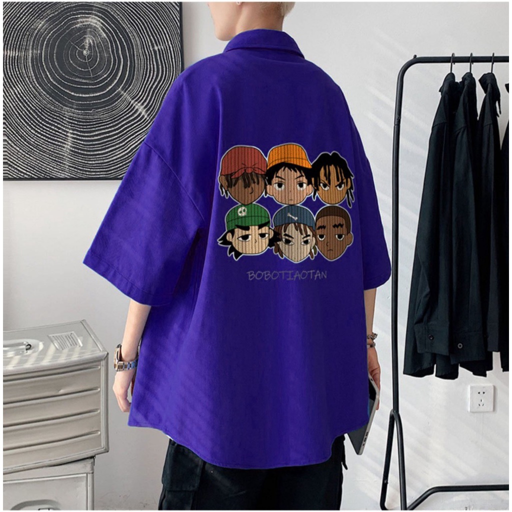 Sơ mi nam tay ngắn from rộng unisex nam nữ , sơ mi nam nữ vải voan lụa mịn mát free size 40kg - 70kg in nhân vật