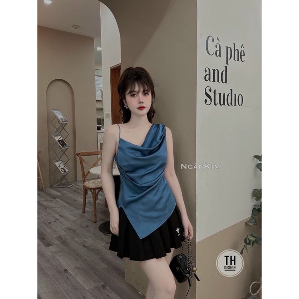 Áo 2 dây lụa cổ đổ vai lệch