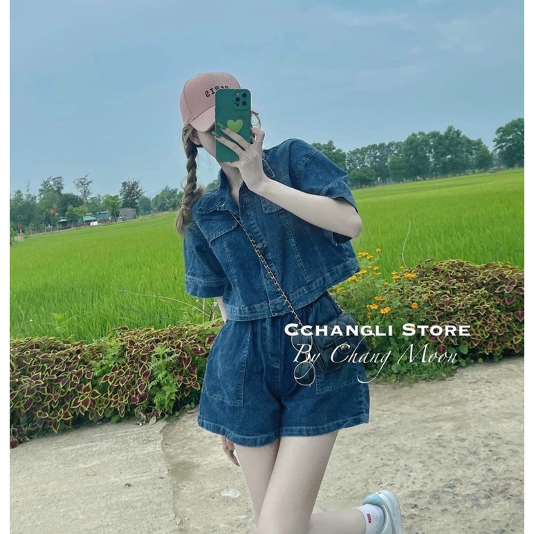 ❤️FREESHIP❤️ Bộ Jean Áo Cộc Quần Shorts bộ bò croptop siêu xinh #028 _hàng sẵn