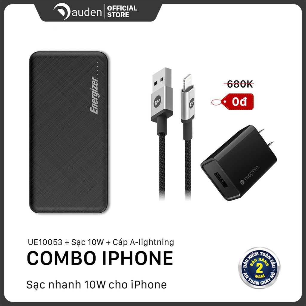  Combo Pin Energizer 10,000mAh UE10053 + Sạc nhanh Mophie 10W + cáp A to Lightning 1M -