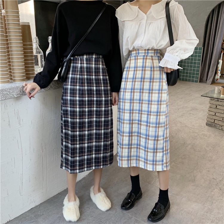 Long skirt / skirt / plaid skirt women / Korean style high waist mid-length retro Hong Kong flavor a-line skirt / A-line skirt / | BigBuy360 - bigbuy360.vn