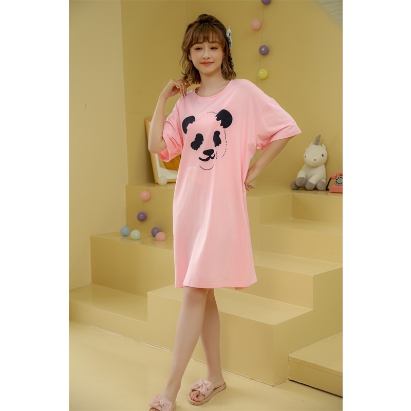Đầm Suông Váy Suông Form Rộng In Hình Gấu Trúc Cute Tay Ngắn Xẻ Tà Phong Cách Basic Hot Trending Tới 70kg TTDS0406