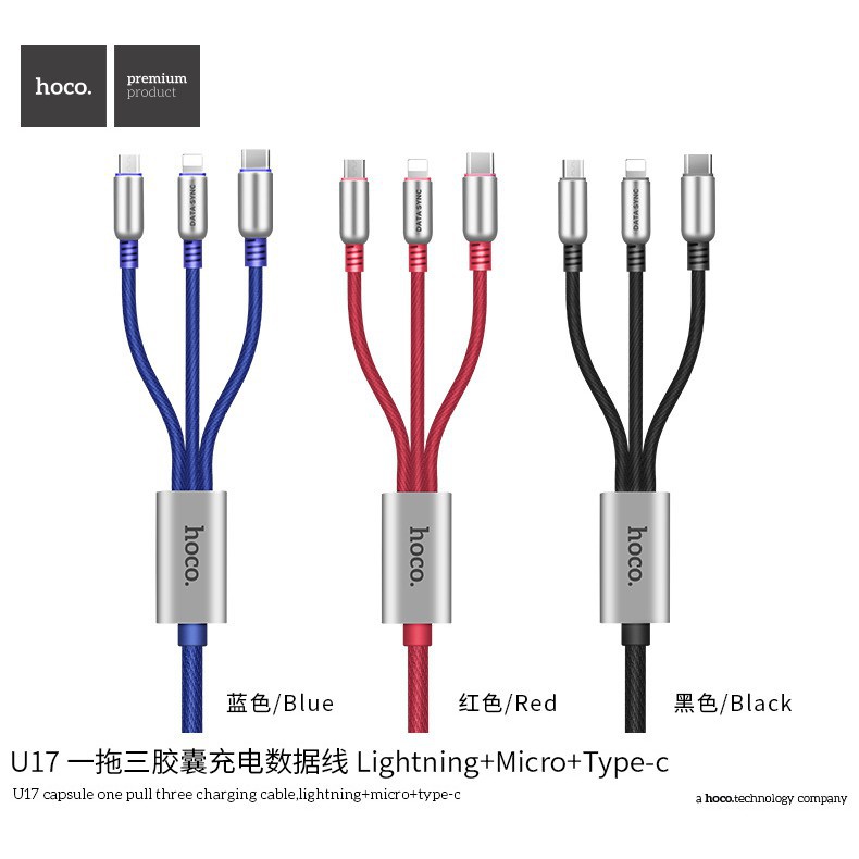 Cáp 3 đầu Hoco U17 - Lightning Và Micro USB - Type C- Dây 1.5 Mét - Chính Hãng - Bảo Hành 1 Đổi 1 Trong 12 Tháng