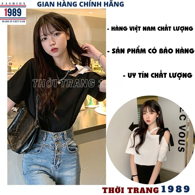 Áo thun nữ choker trễ vai buộc nơ vai 2 mầu kiểu ulzzang vintage tiều thư bánh bèo dễ thương -PHƯƠNG VŨ 1989