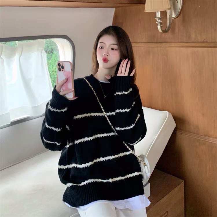 Áo len chui đầu cổ 3 phân kẻ sọc ngang nhỏ Forgirl dày dặn dáng rộng