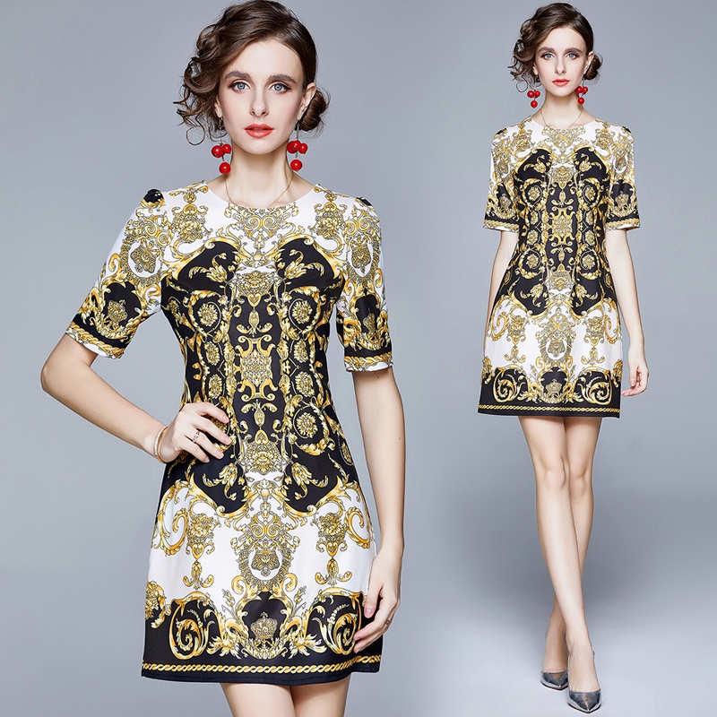 Đầm Tay Ngắn Cổ Tròn In Họa Tiết Phong Cách Retro Thời Trang Cho Nữ