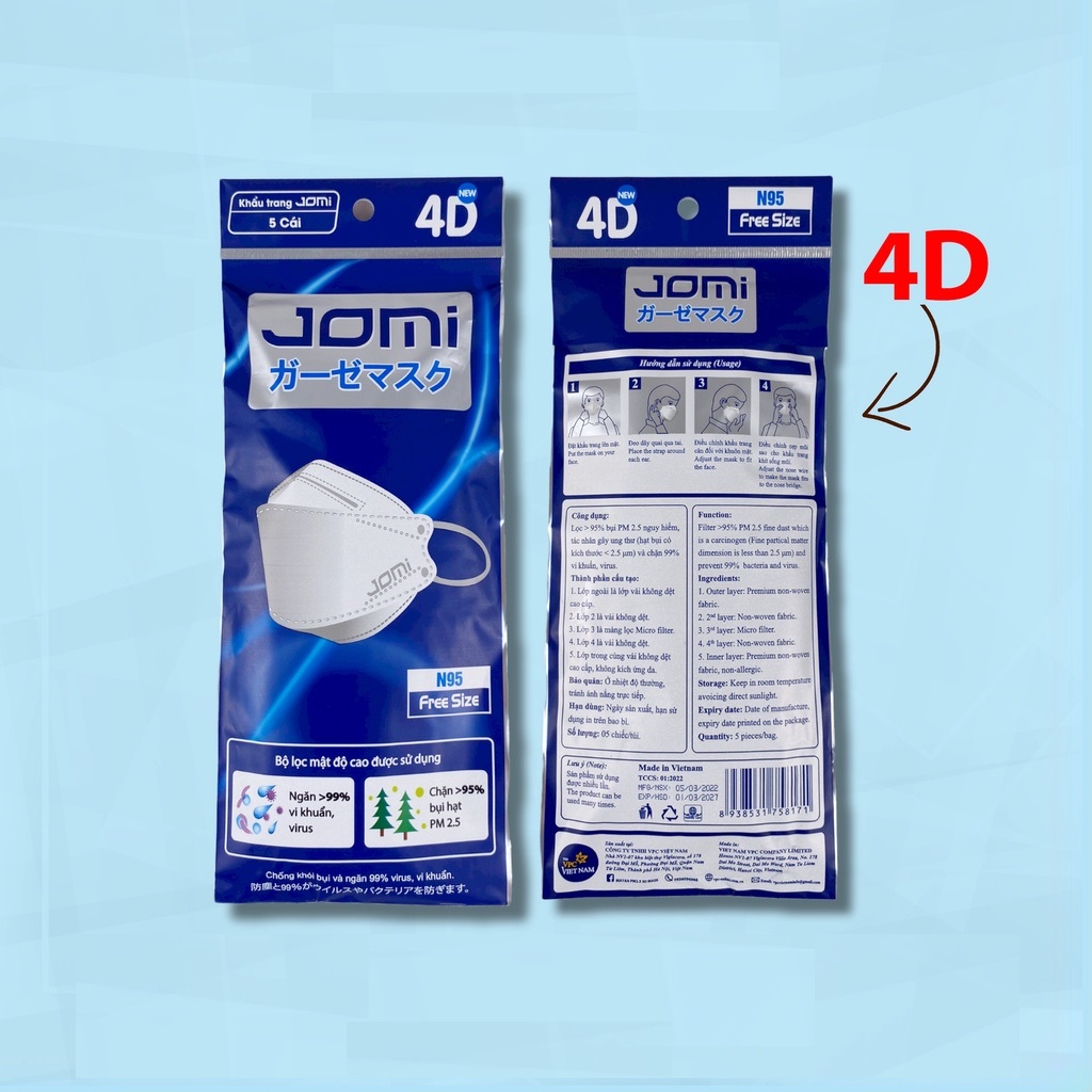 [Túi 5 Cái] Khẩu Trang Ngăn Khói Bụi &amp; Vi Khuẩn 4D Jomi