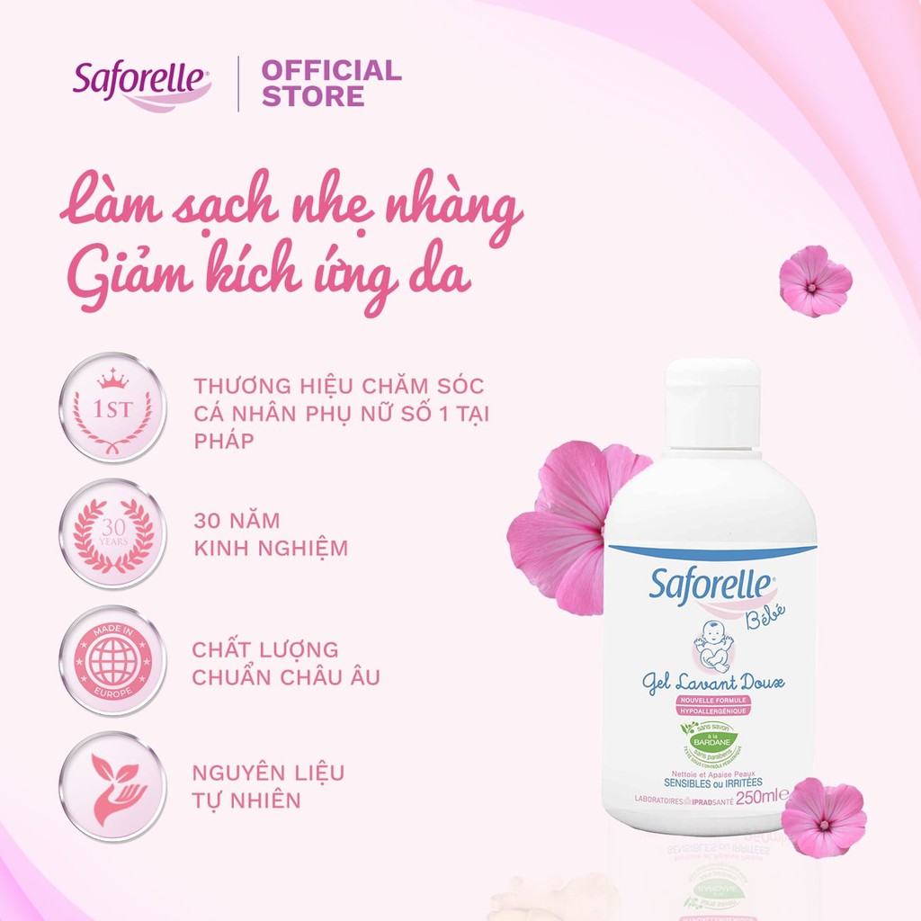 Gel tắm gội cho bé Saforelle BeBe cao cấp giúp làm sạch dịu dàng trên làn da mỏng manh của bé 250ml