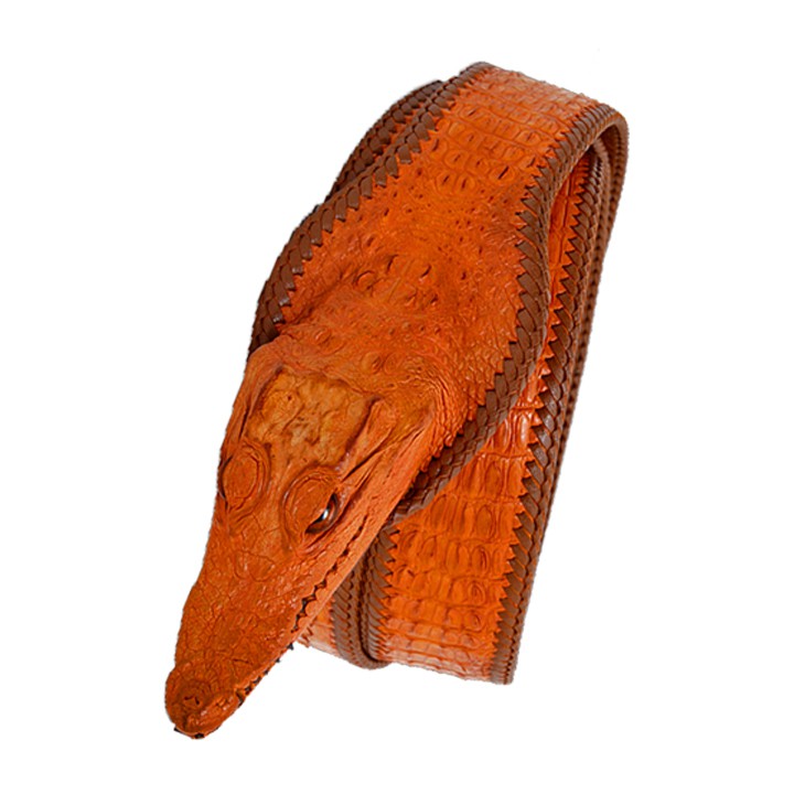 Thắt lưng nam da cá sấu Huy Hoàng nguyên con lớn đầu cá sấu màu vàng HP4254