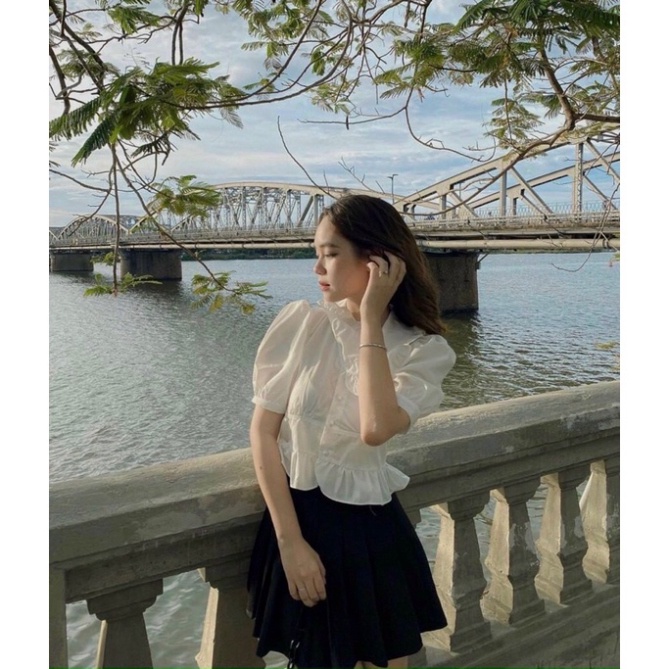 Áo sơ mi cộc tay thiết kế kiểu phong cách nhẹ nhàng cổ tròn_087 chất mát, phom đẹp, nội y xanh