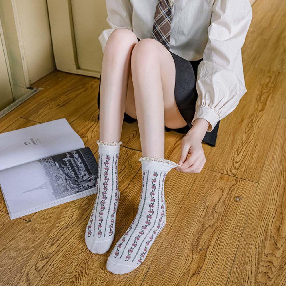 Tất Cotton Màu Trơn Thoáng Khí Phối Ren Hoa Thời Trang Thu Đông TAYLOR1