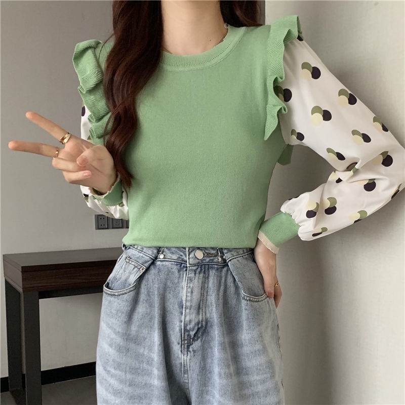 Áo dệt kim tay dài cổ tròn chui đầu viền xoăn dạng ghép nối họa tiết chấm bi thời trang mùa thu cá tính