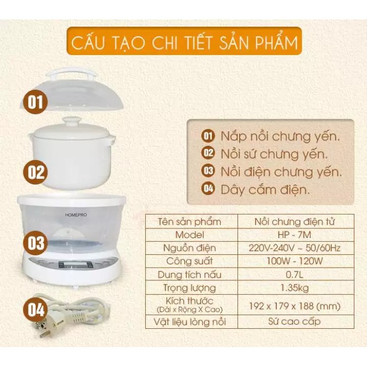 Nồi chưng điện tử đa năng Homepro HP-7M 700ml (Hàng chính hãng) - Phụ kiện nồi chưng yến HP7M