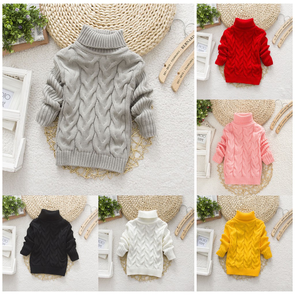 Áo sweater dệt kim cổ cao màu trơn thời trang mùa đông cho bé trai và gái