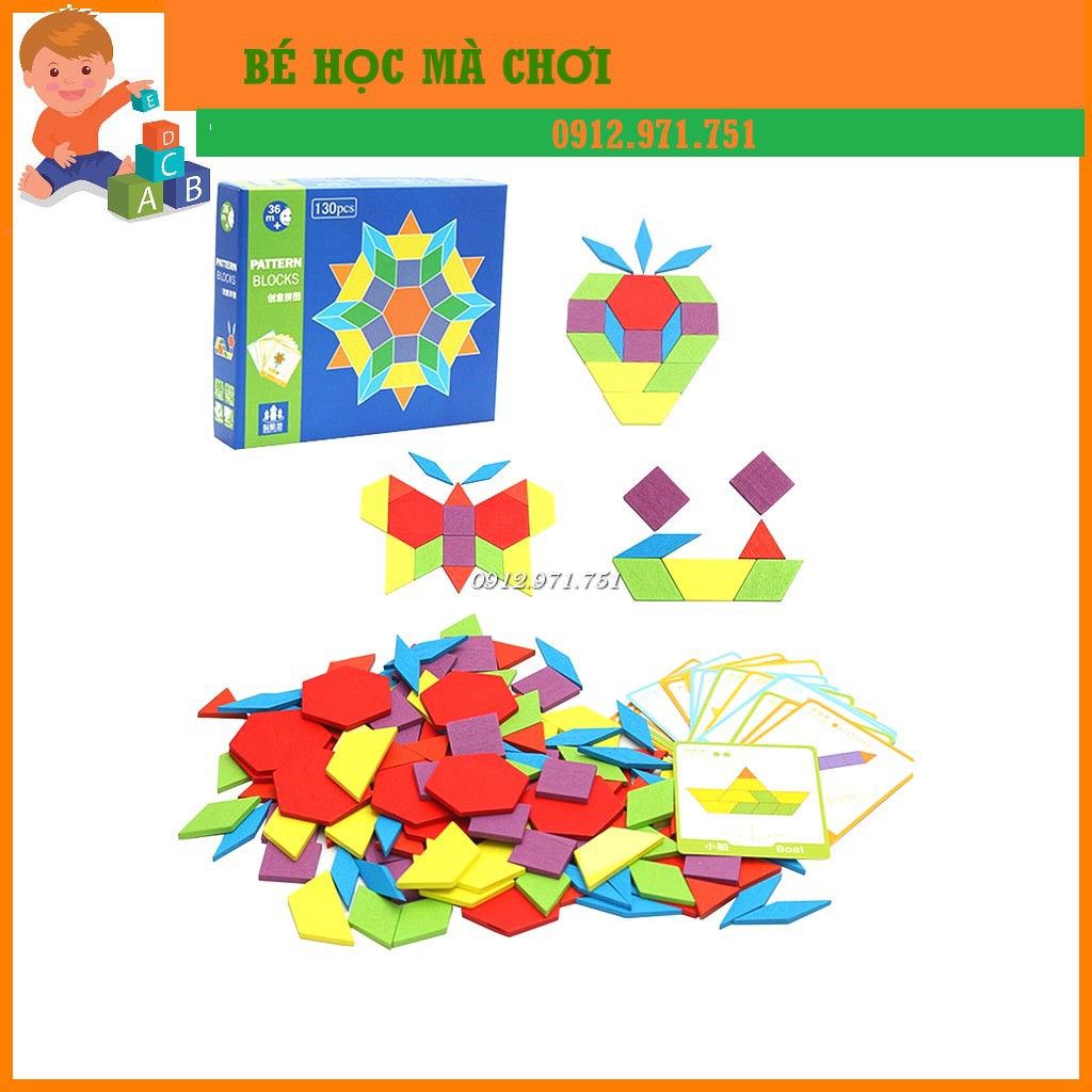 [MẪU MỚI hàng Việt Nam] Ghép hình Pattern Blocks 130 miếng ghép + 24 thẻ - mẫu mới hộp trắng