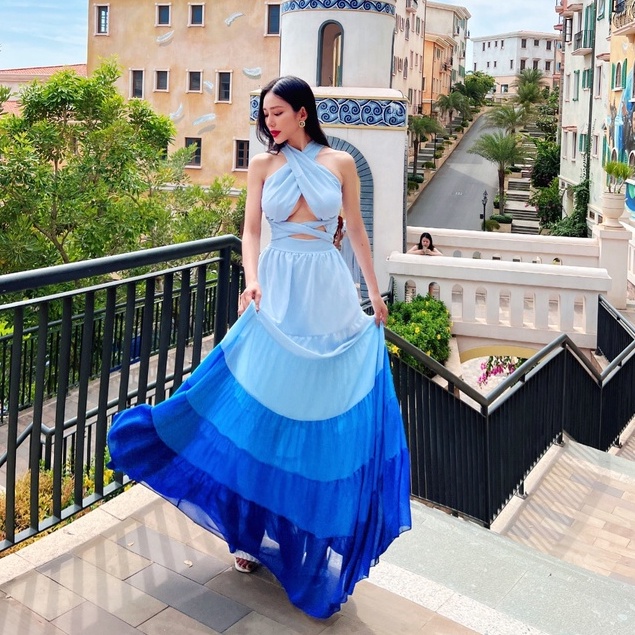 Đầm maxi loang màu 7 tầng xanh coban
