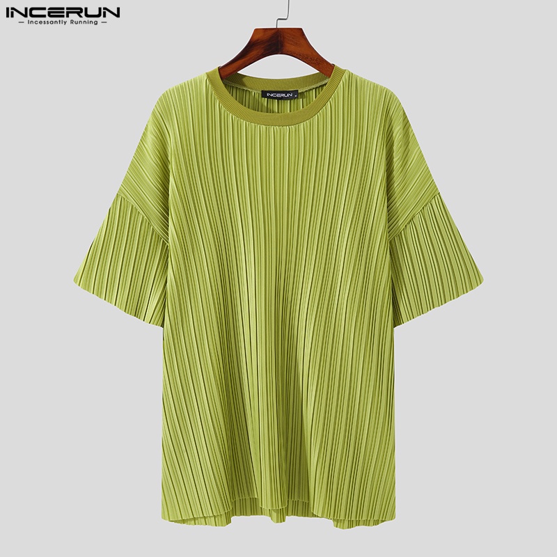 Áo thun nam INCERUN cổ tròn tay ngắn dáng rộng thời trang Hàn Quốc 3 màu tùy chọn