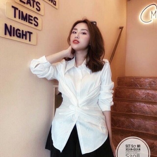 Set bigsize sơ mi xoắn eo kèm quần
