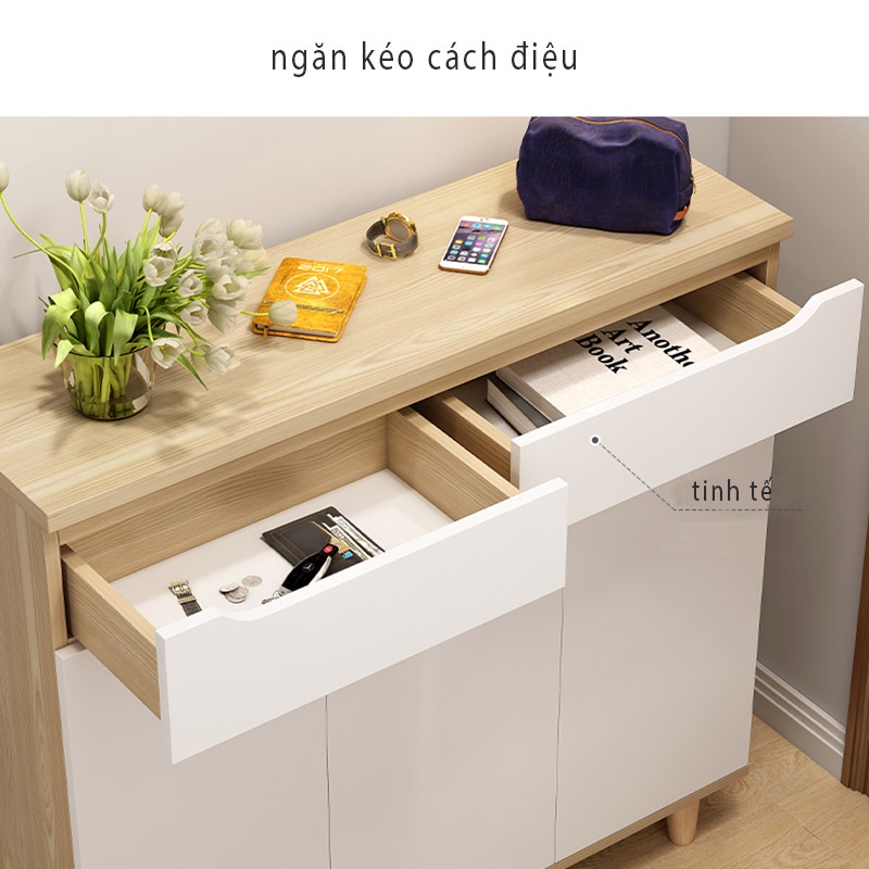 Tủ Gỗ Để Giày Thiết Kế Hiện Đại Chân Gỗ Tự Nhiên, Hệ Cánh Và Ngăn Kéo Tay Nắm Cách Điệu Thương Hiệu SIB Decor