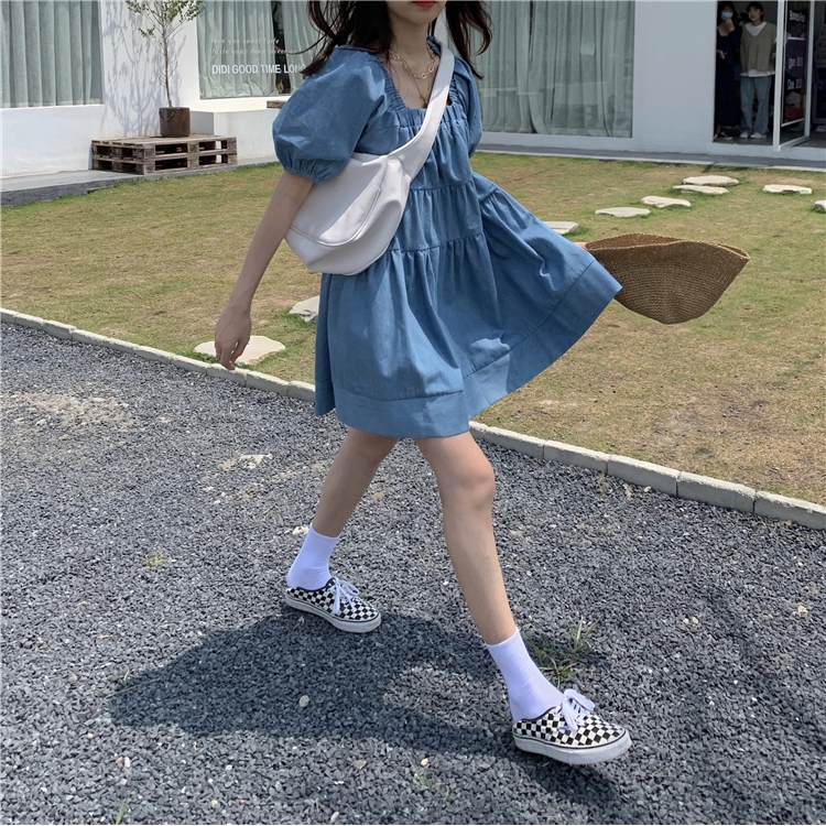  temperament over loose Pleated photo price Dress all Real Korean neck ~ square real skirt denim version | BigBuy360 - bigbuy360.vn