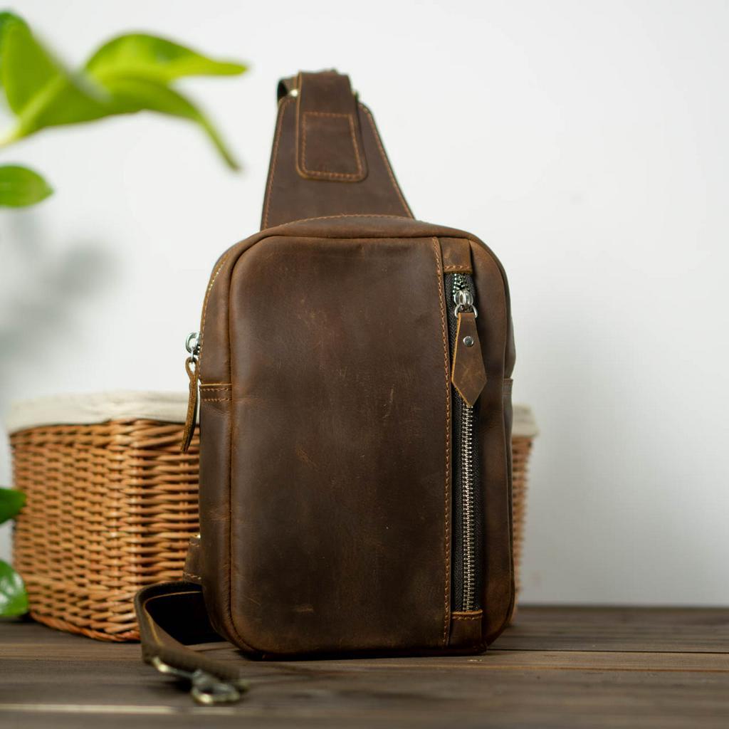 Túi đeo chéo da bò thật, da bò sáp ngựa điên BASIC nâu | Bảo hành 2 năm