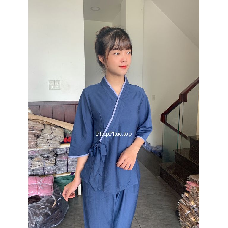 Thời trang đi chùa - đồ lam - đồ phật tử- Đũi tơ mát, cột nơ không thêu | BigBuy360 - bigbuy360.vn