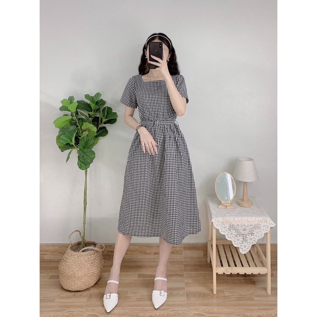 Đầm caro form dài kèm belt, Váy tiểu thư_V74