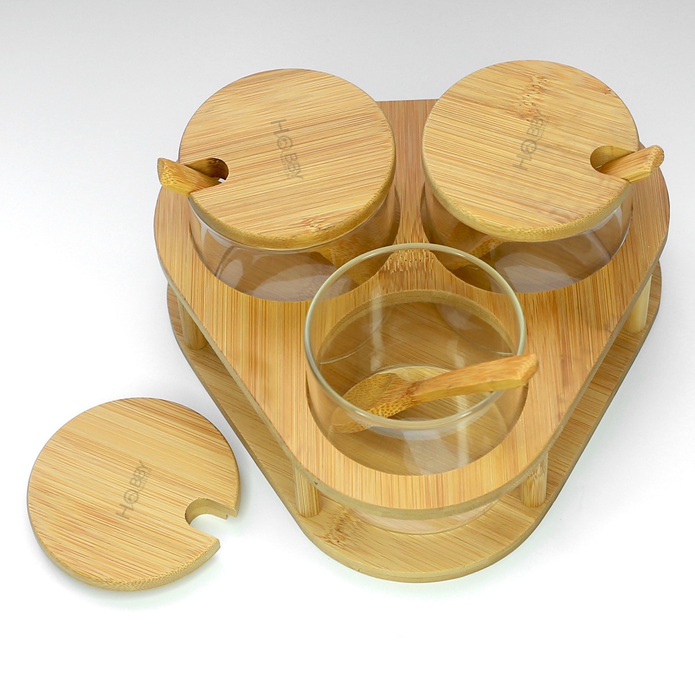 Bộ 3 hủ thủy tinh đựng gia vị khay gỗ HOBBY Home Decor HGVTG - gỗ tre có nắp và muỗng - mẫu tam giác