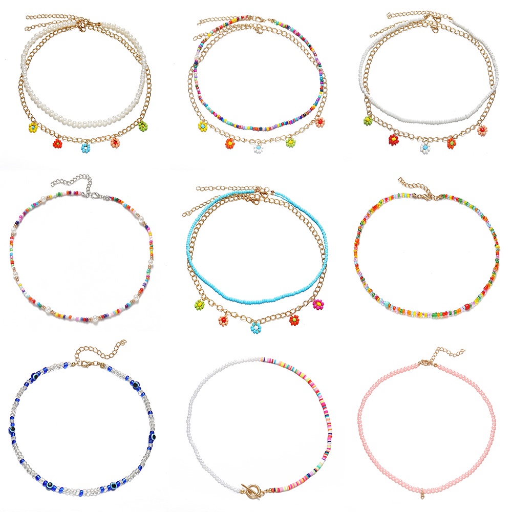 Vòng cổ choker chuỗi hạt gạo phối hình bướm trái tim đầy màu sắc kiểu cho nữ