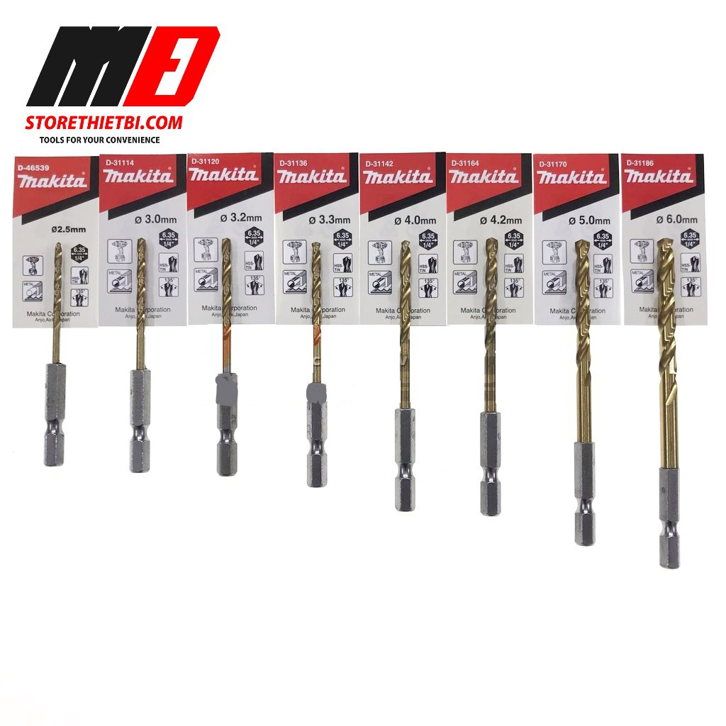 MAKITA Mũi khoan sắt phủ titan 2.5-6.0mm chuôi lục giác Hss-Tin