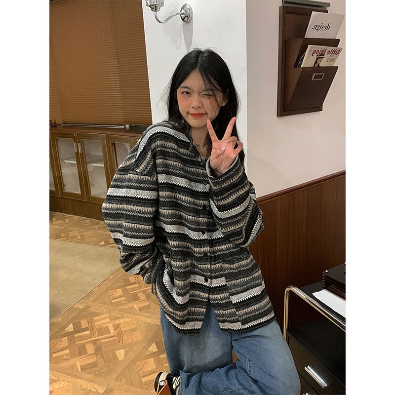 ▲☋✢Áo Khoác Cardigan Họa Tiết Kẻ Sọc Phong Cách Retro Thời Trang Mùa Thu Mới Cho Nữ