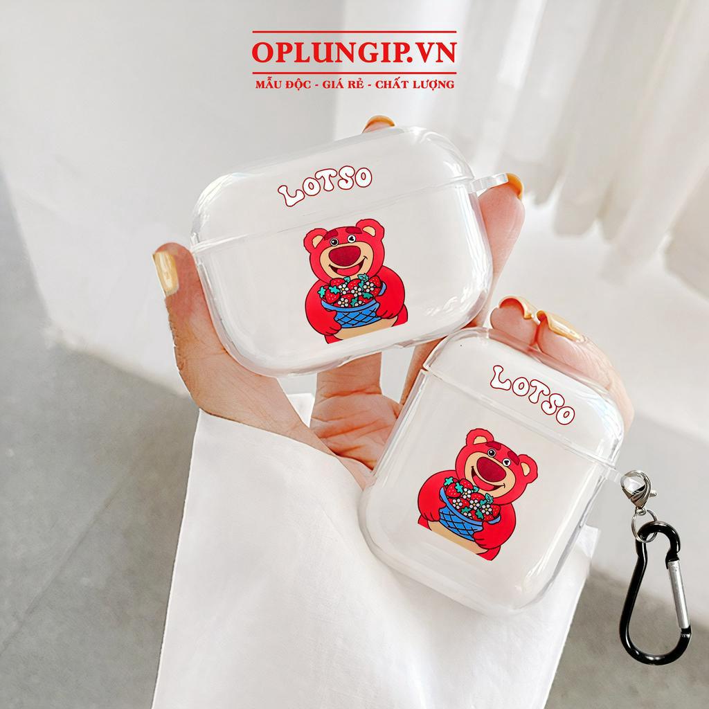 Ốp Airpods 3 gấu dâu lotso Case airpod 1 2 3 pro 2 vỏ bảo vệ hộp sạc tai nghe trong suốt nhựa dẻo có móc treo