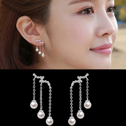 Khuyên tai dáng dài phối tua rua ngọc trai thanh lịch