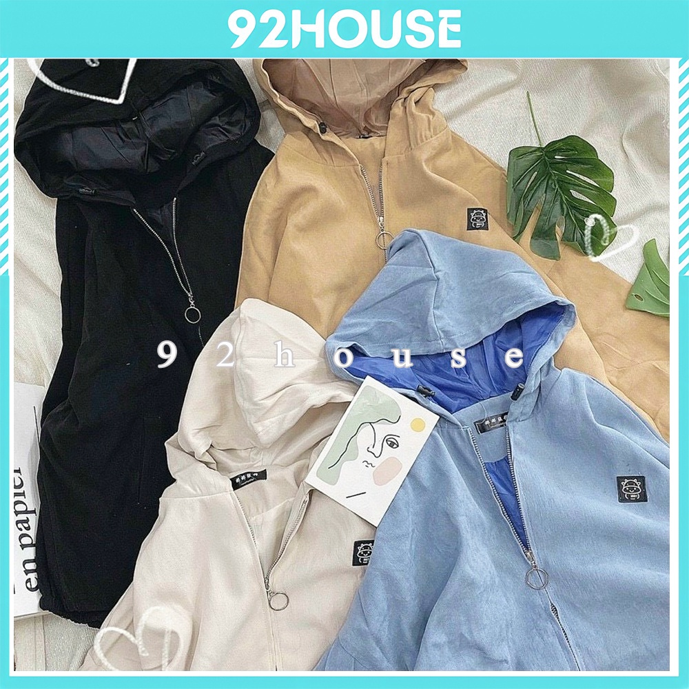 Áo khoác thêu bò sữa phom rộng chất da lộn siêu đẹp, áo khoác 2 lớp có mũ trùm đầu