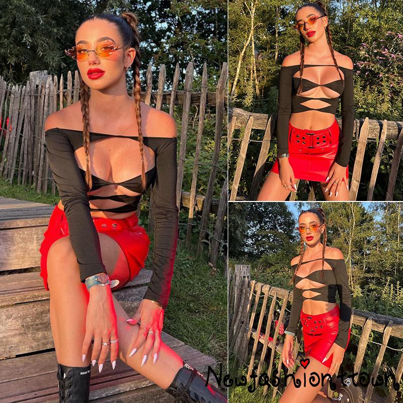 Áo Thun Crop Top Tay Dài Cổ Thuyền Hở Rốn Màu Trơn Thời Trang Dành Cho Nữ