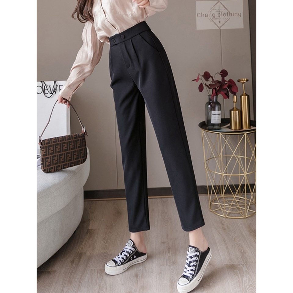 Quần tây baggy nữ lưng cao công sở dáng dài ống đứng kèm đai 2 nút bấm màu đen vải mềm - Quần vải nữ đi học sinh cạp cao