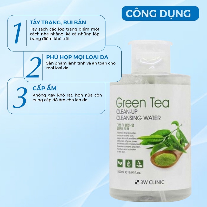 Nước Tẩy Trang - Tẩy Trang Làm Sạch Tinh Chất Trà Xanh 3w Clinic Hàn Quốc 500ml