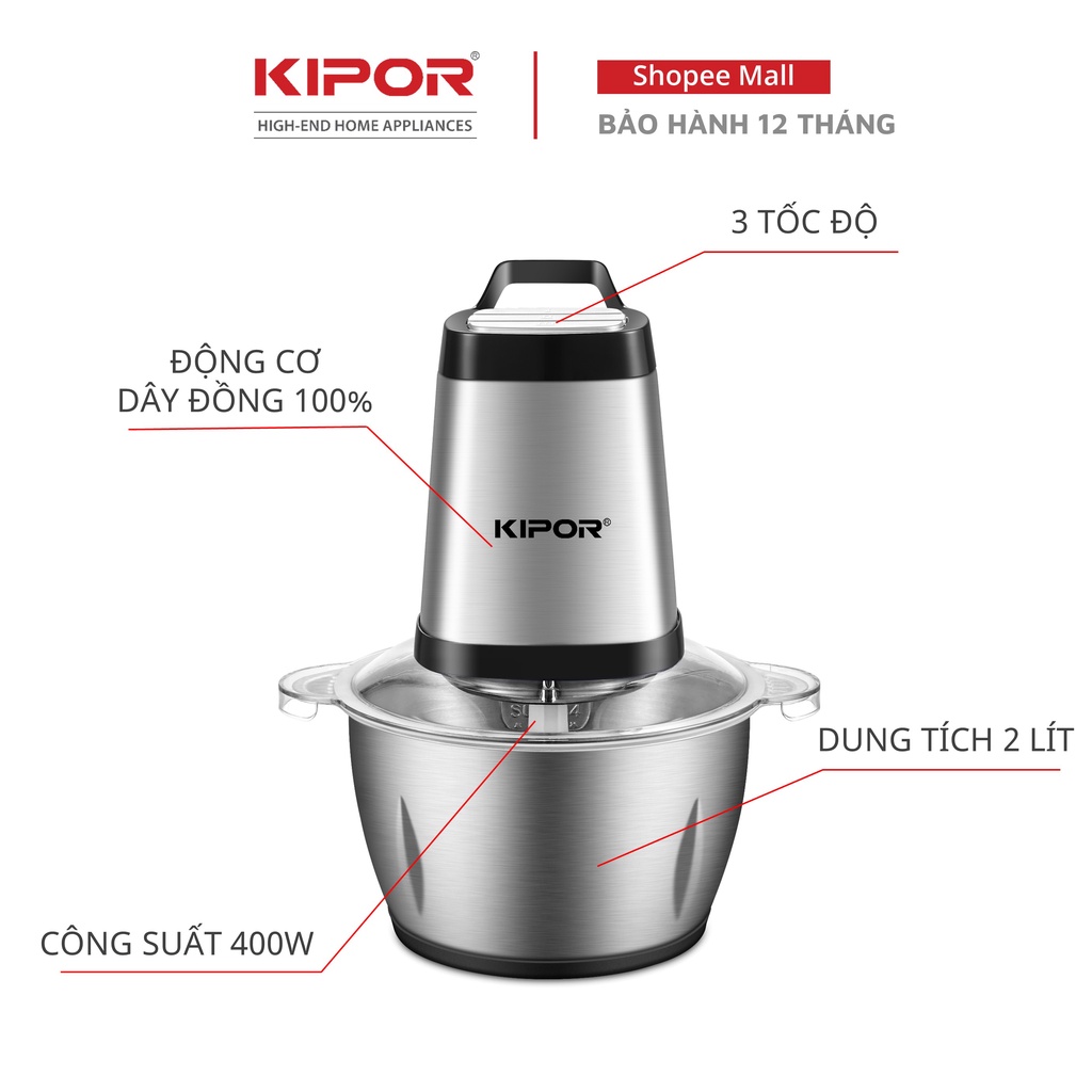 Máy xay thịt đa năng KIPOR KP-MC502 - Cối Inox 304, dung tích 2L, 4 lưỡi dao bằng thép (400W)