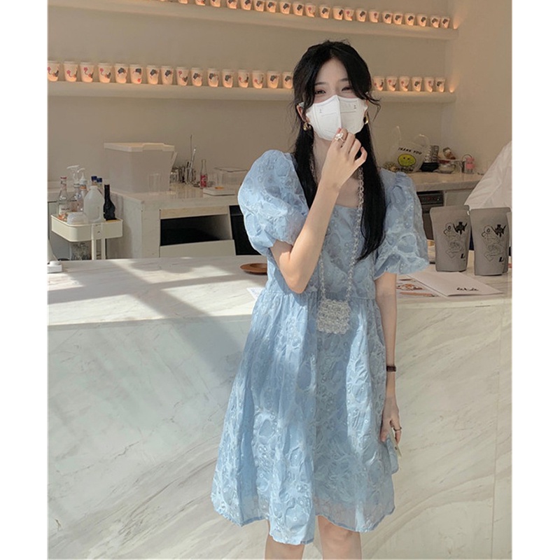 Đầm IELGY dáng ngắn tay ngắn cổ vuông in họa tiết trẻ trung phong cách đường phố dành cho nữ