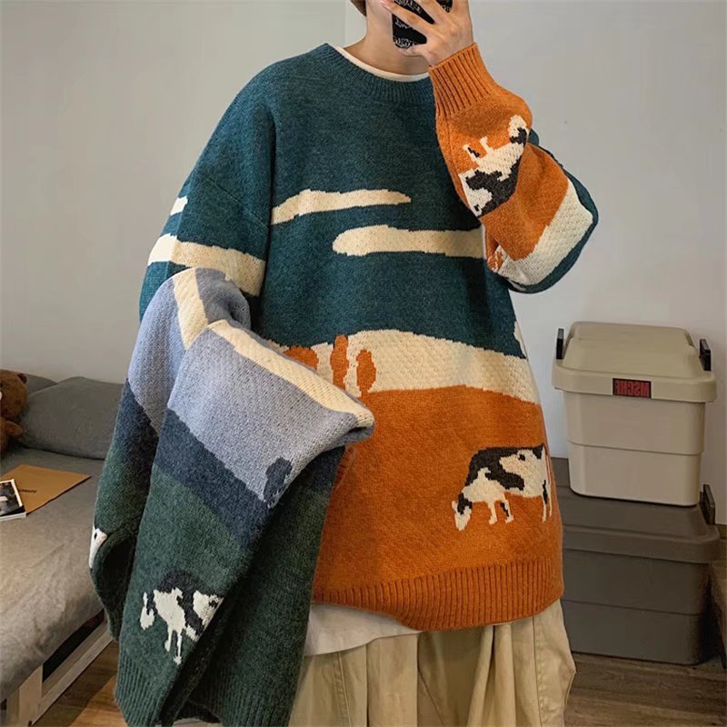 Áo sweater nam dệt kim cổ tròn tay dài dáng rộng in họa tiết hoạt hình phong cách đường phố Hàn Quốc sành điệu M-2XL