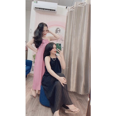 [Hàng đẹp]Đầm maxi dập ly 2 dây dáng suông kèm hoa trên ngực siêu cưng-hình thật. alohashop91