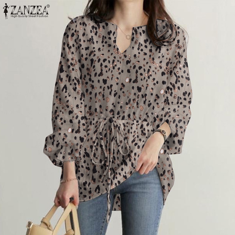 Áo kiểu Zanzea tay dài cổ chữ v eo co giãn in họa tiết da báo phong cách vintage dành cho nữ
