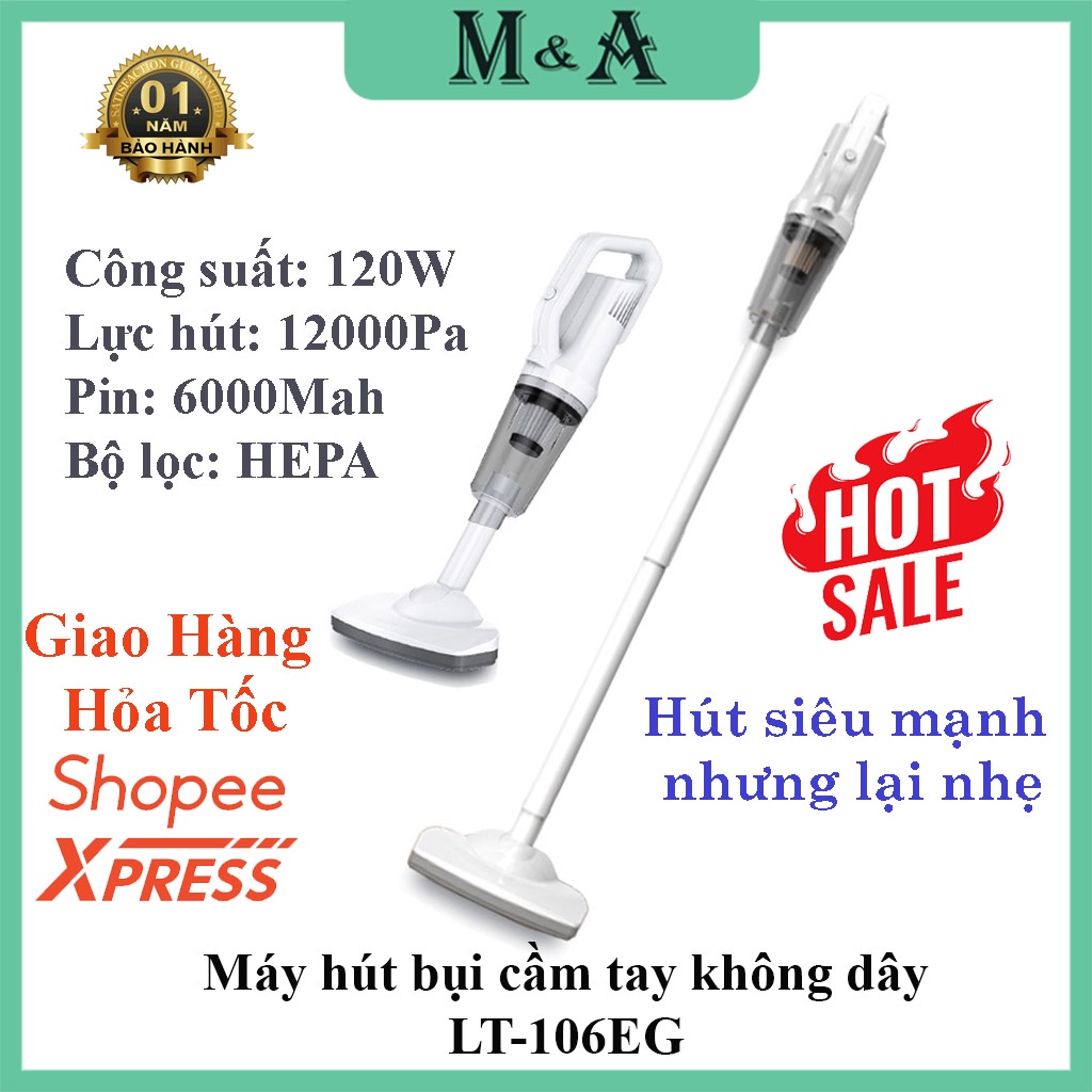 Máy hút bụi cầm tay không dây LT-106EG - Máy hút bụi đa năng - Nhỏ Gọn - Lực hút 12000Pa - Sạc USB - Công suất120W
