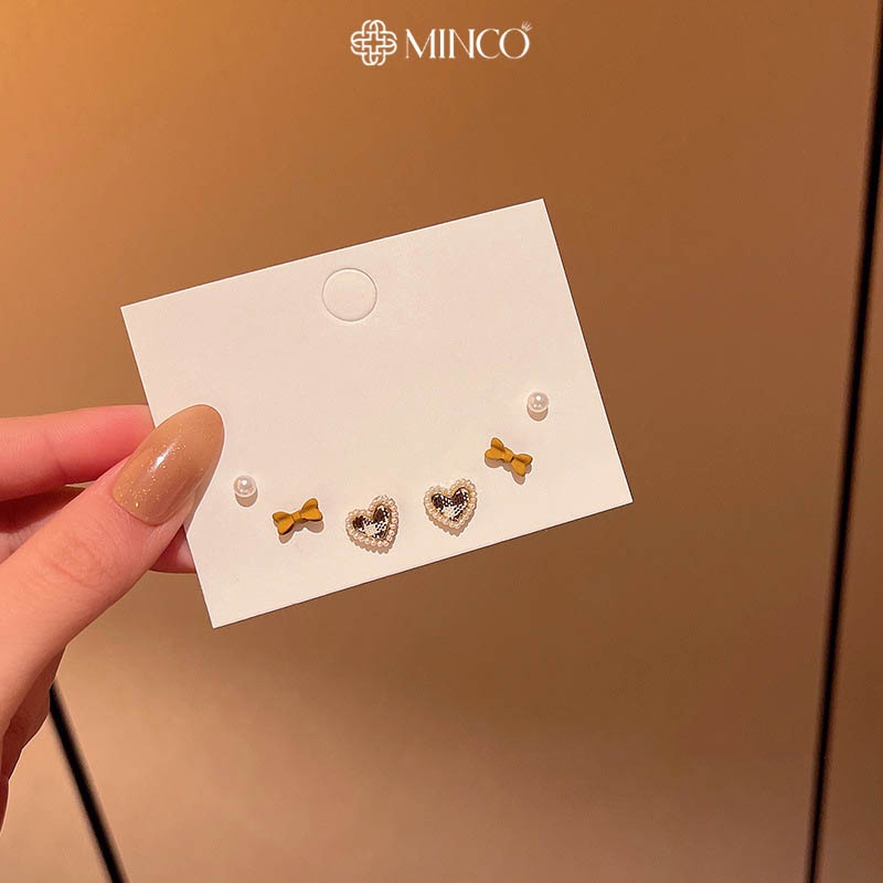 Bông tai nữ Minco Accessories sét ba khuyên tai nụ nơ trái tim xinh xắn phụ kiện thời trang đẹp cho nữ BT66