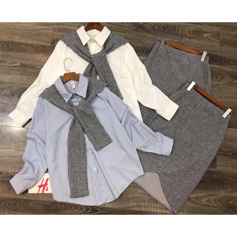 Set áo sơmi khăn + chân váy