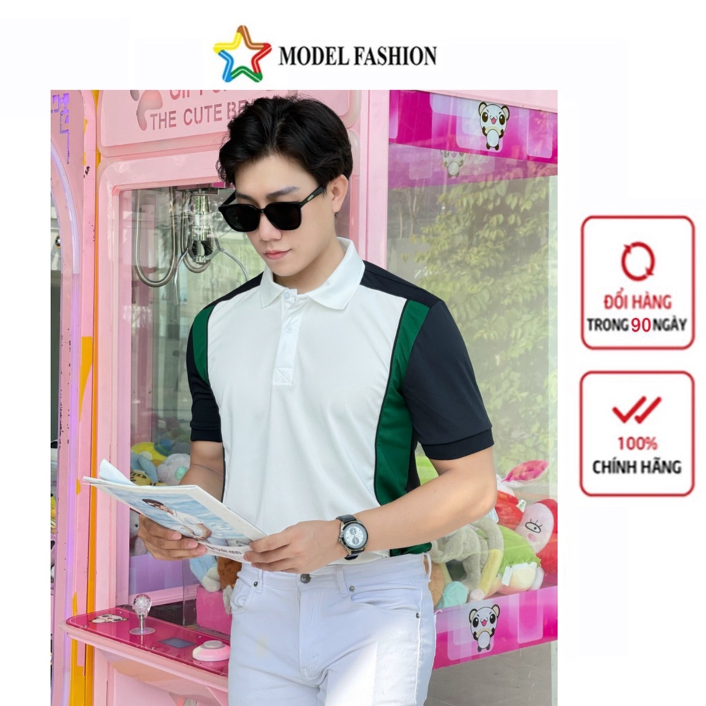 Áo thun polo nam nữ tay ngắn trắng phối sọc xanh Hàn Quốc Model Fashion