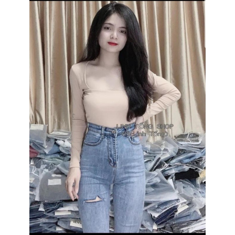 QUẦN JEANS CẠP CAO RÁCH ĐÙI (2 màu) [fs50k]