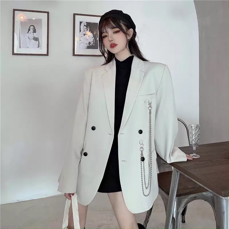 Áo khoác blazer nữ kèm phụ kiện big size mặc rộng như hình | BigBuy360 - bigbuy360.vn