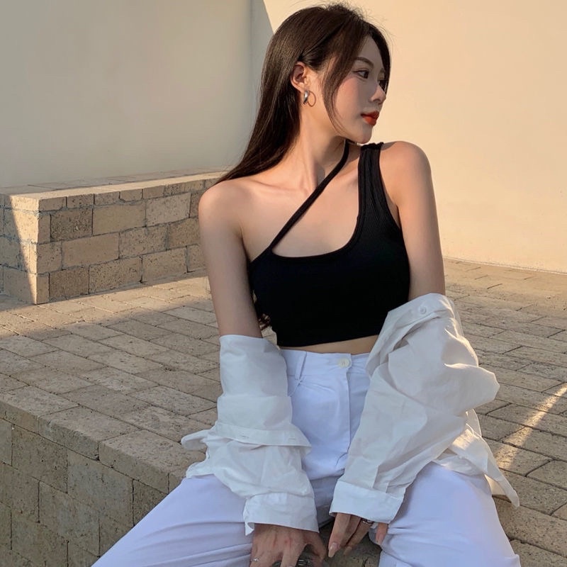 Áo Croptop Cổ Hai Dây Chéo Nữ Màu Đen Trắng Xám Chất Cotton Tăm Siêu Co Dãn Có Đệm Mút Không Tay Sexy Loại 1 Cá Tính